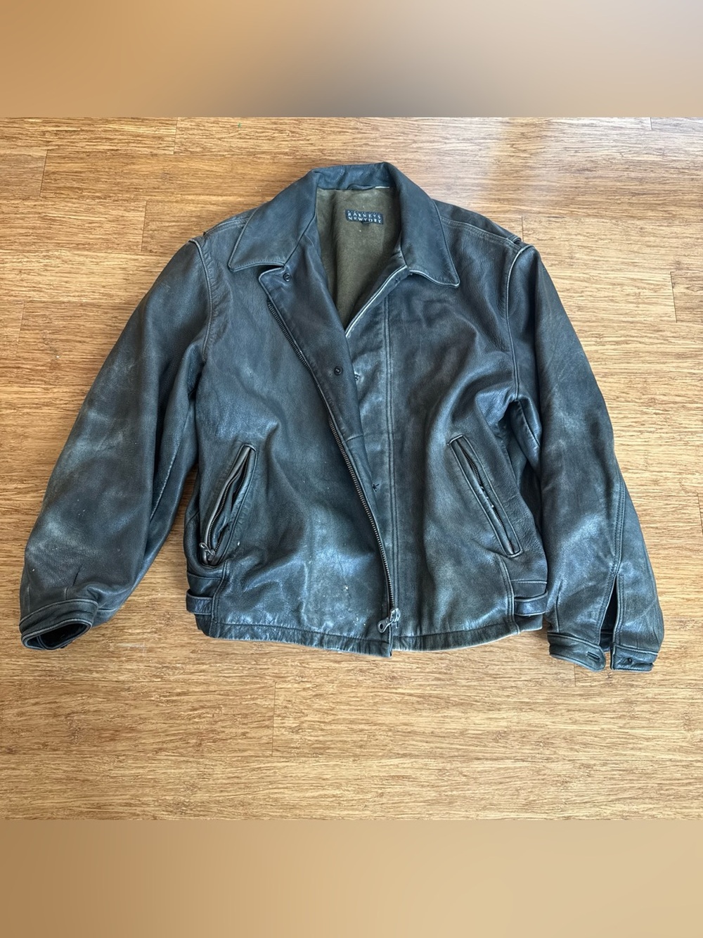 Vintage Barneys, New York Men's Black Leather bomber Jacket - Classic Zip Front